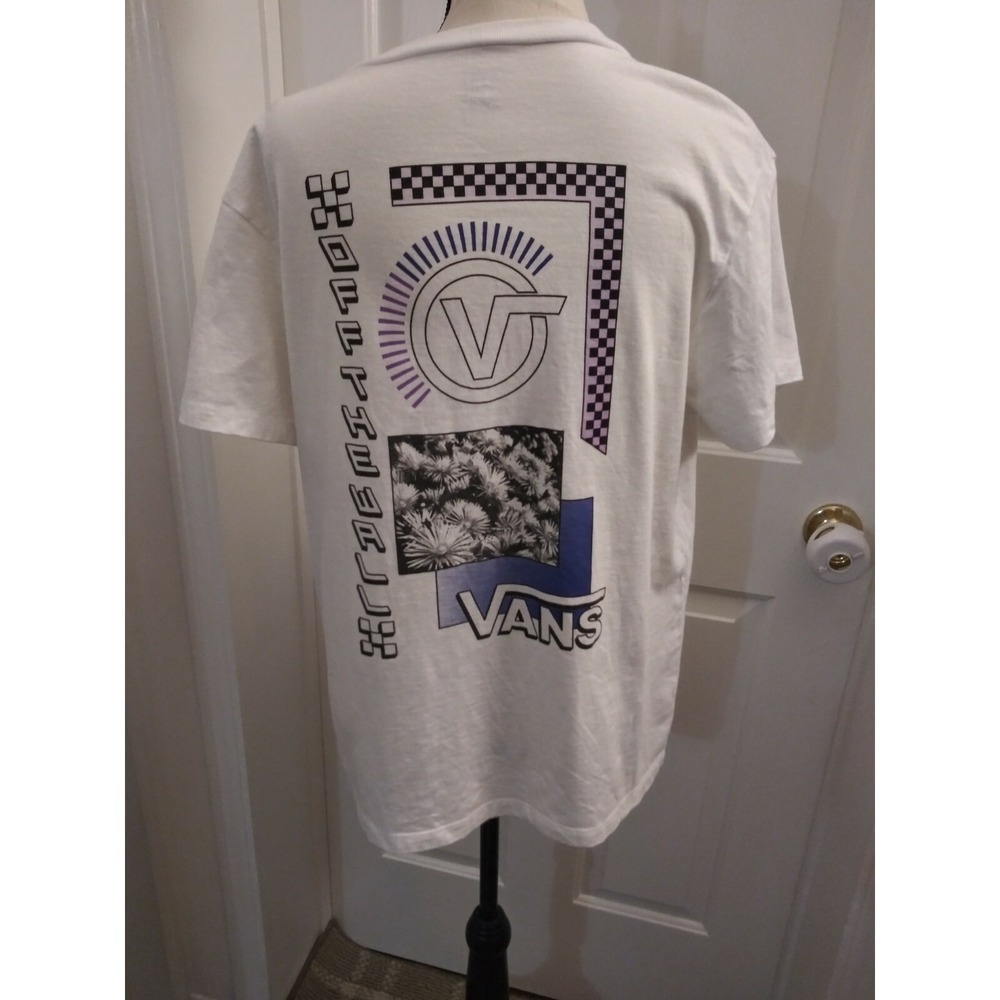 Vans Size LARGE Womens White Floral Off The Wall T-shirt Spell Out Cotton